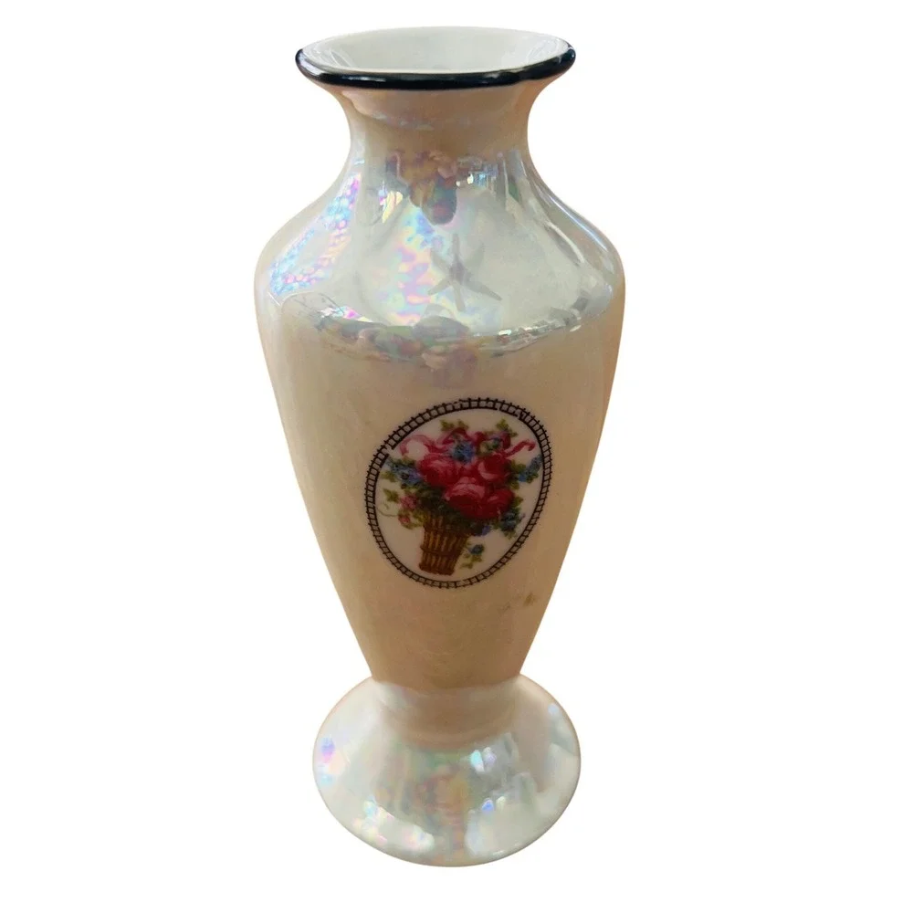 Vintage Germany Iridescent Lusterware Miniature Bud Vase Floral Basket Design